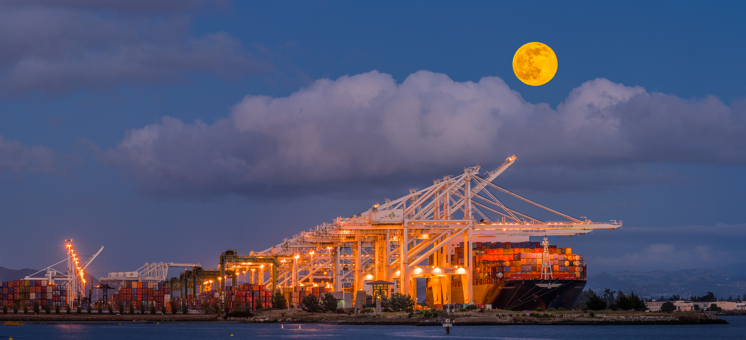 Oakland California Estuary Port of Oakland Cranes Containers Ships Full Moon Moonrise Panorama Fine Art Landscape Photography Mark Lilly
