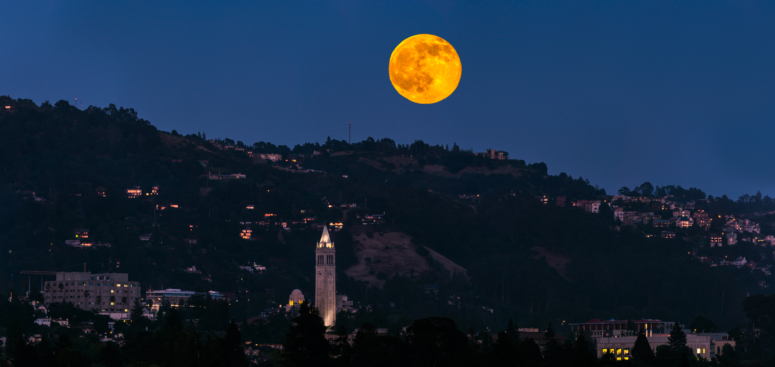 Berkeley Sather Tower Campenile Clock Tower East Bay California UC Berkeley Oakland Full Moon Panorama Fine Art Landscape Photography Mark Lilly