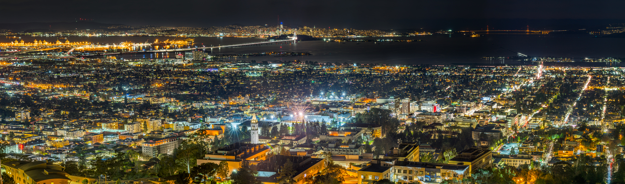 Berkeley Sather Tower Campenile Clock Tower East Bay California UC Berkeley Oakland Full Moon Panorama Fine Art Landscape Photography Mark Lilly