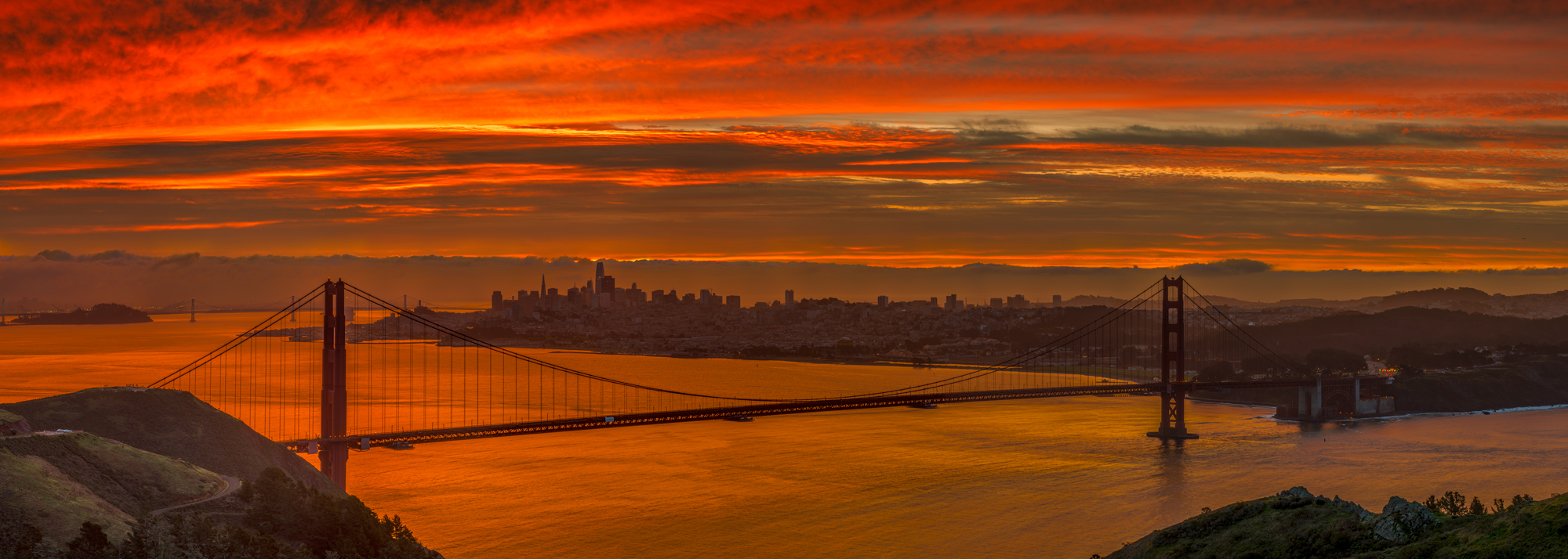 Marin Headlands Golden Gate Bridge San Francisco Bay Area California Fog Sunrise Hawk Hill Panorama Fine Art Landscape Photography Mark Lilly Panorama